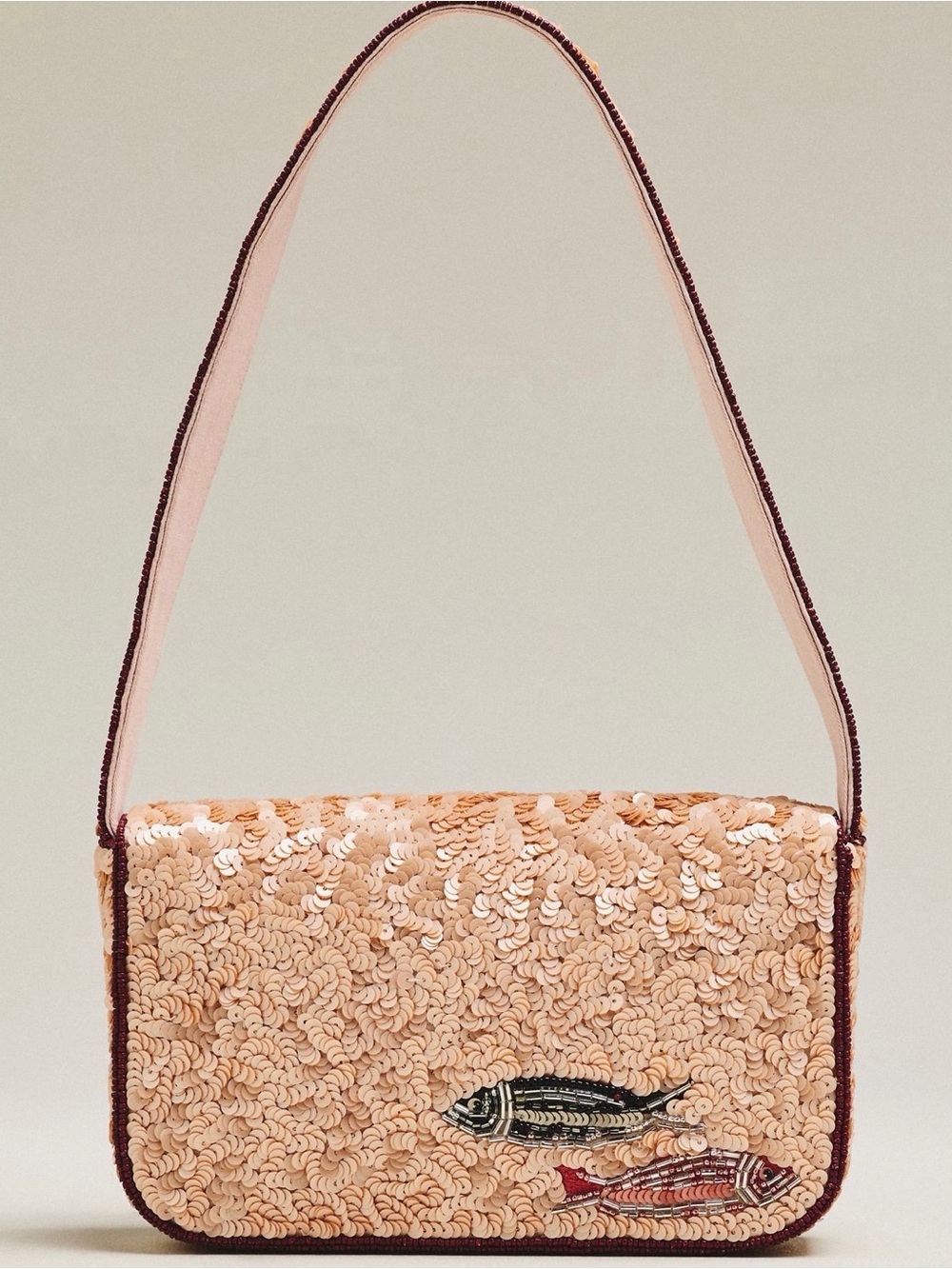 NWT new Anthropologie Fiona beaded shoulder bag purse sardines pink tan beige - Picture 13 of 16